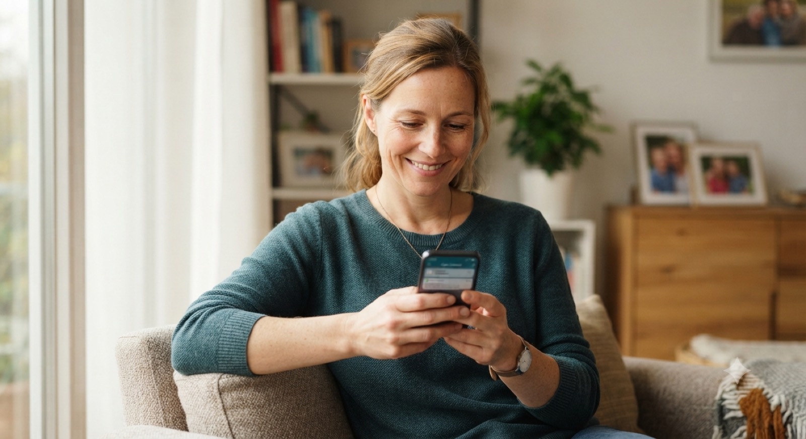 Angehörige schaut zuhause entspannt auf ihr Handy
