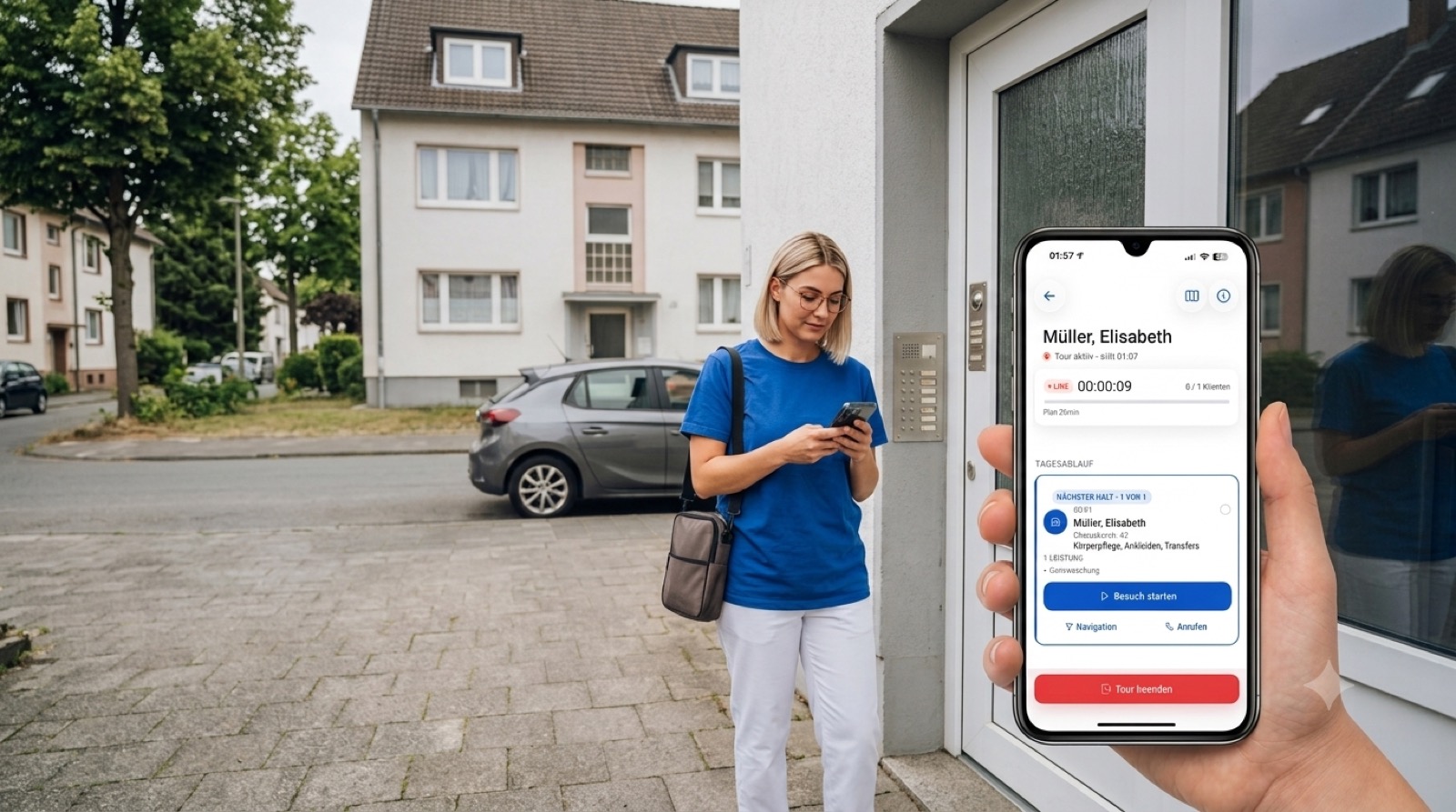 Pflegekraft unterwegs mit der App
